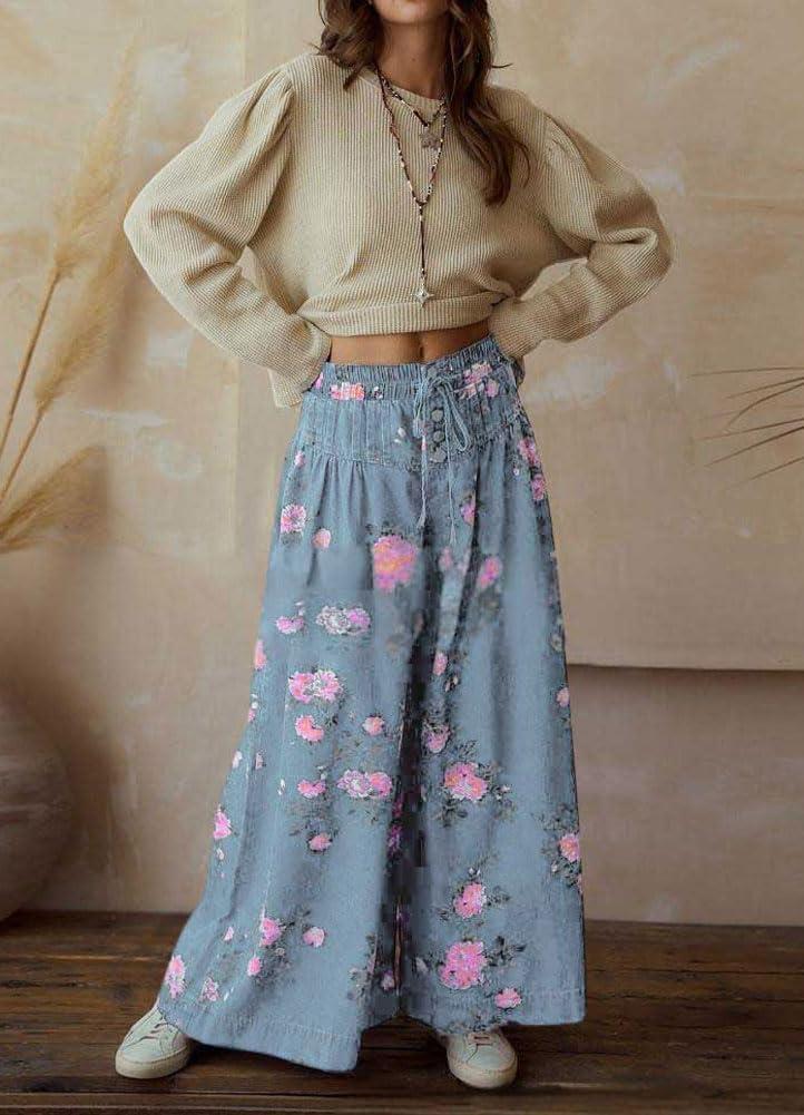 imagechouyatou Womens Boho Wide Leg Floral Denim Pants Pleated Elastic Waist Drawstring Palazzo JeansLight Blue