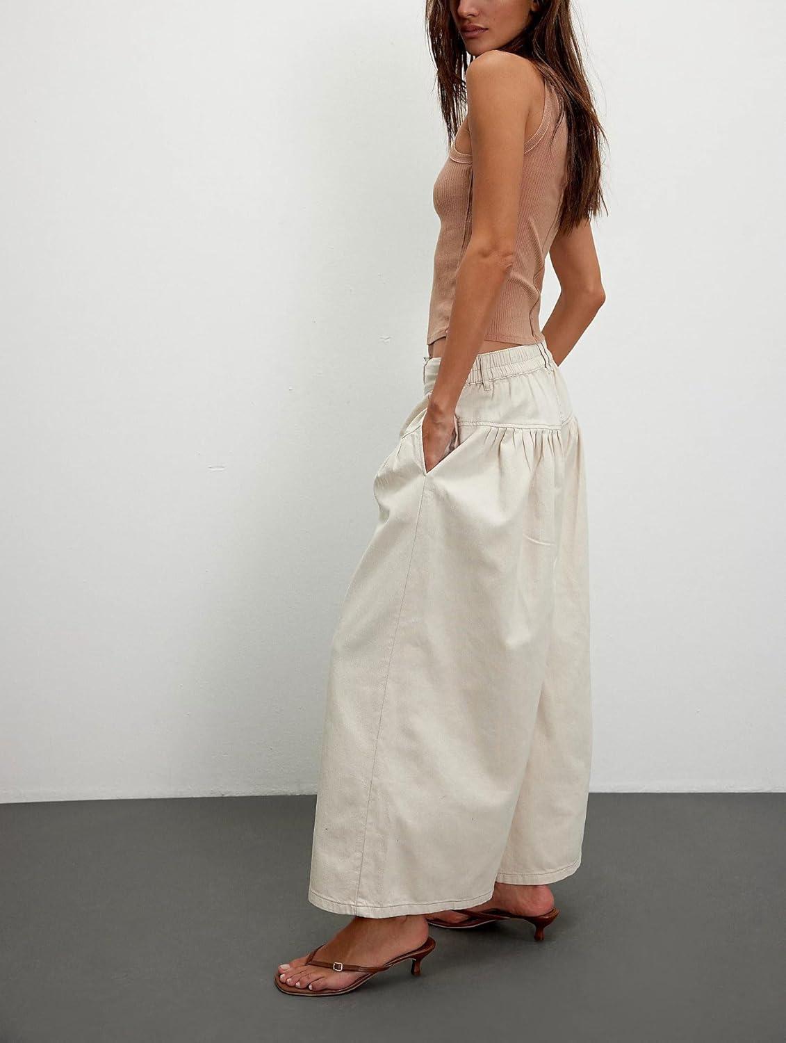 imagechouyatou Womens Boyfriend Baggy Jeans Flare Wide Leg Denim Pants Elastic Waist Button Pleated Culotte JeansBeige White