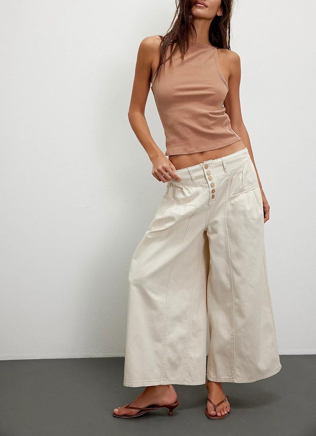 imagechouyatou Womens Boyfriend Baggy Jeans Flare Wide Leg Denim Pants Elastic Waist Button Pleated Culotte JeansBeige White