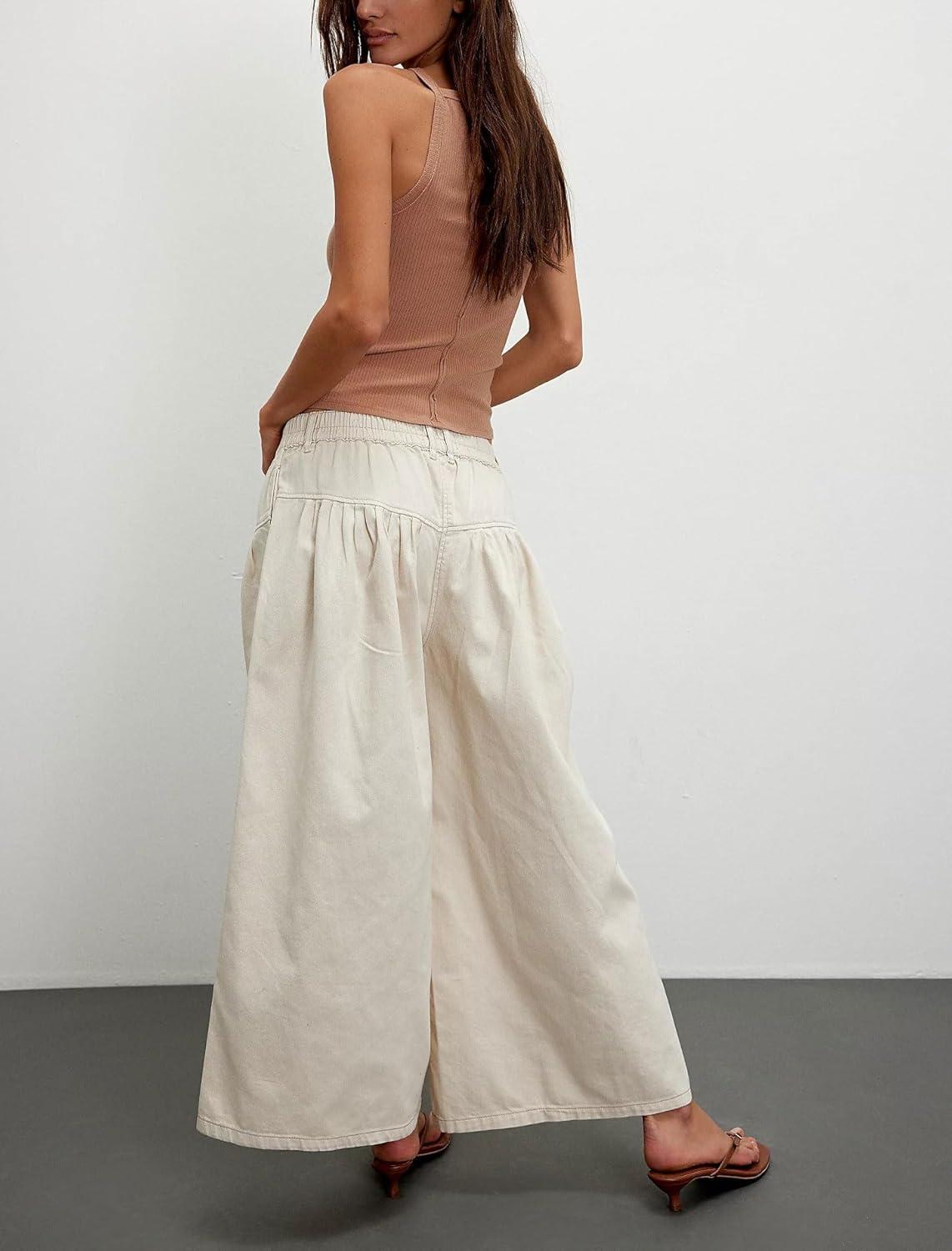 imagechouyatou Womens Boyfriend Baggy Jeans Flare Wide Leg Denim Pants Elastic Waist Button Pleated Culotte JeansBeige White