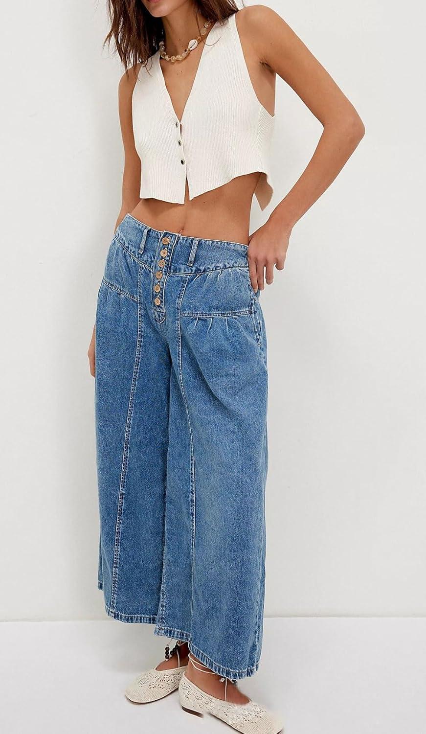 imagechouyatou Womens Boyfriend Baggy Jeans Flare Wide Leg Denim Pants Elastic Waist Button Pleated Culotte JeansDark Blue