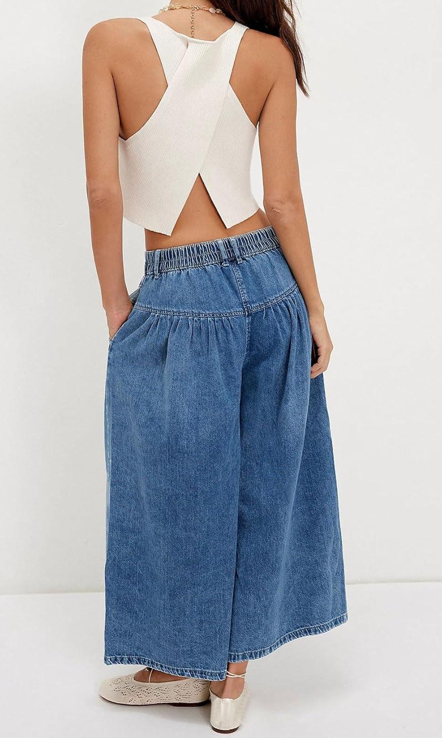imagechouyatou Womens Boyfriend Baggy Jeans Flare Wide Leg Denim Pants Elastic Waist Button Pleated Culotte JeansDark Blue
