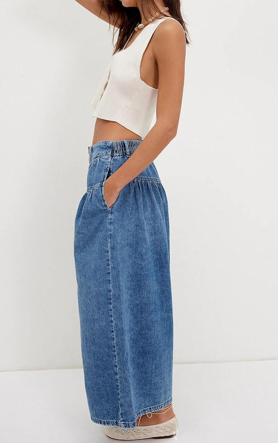 imagechouyatou Womens Boyfriend Baggy Jeans Flare Wide Leg Denim Pants Elastic Waist Button Pleated Culotte JeansDark Blue