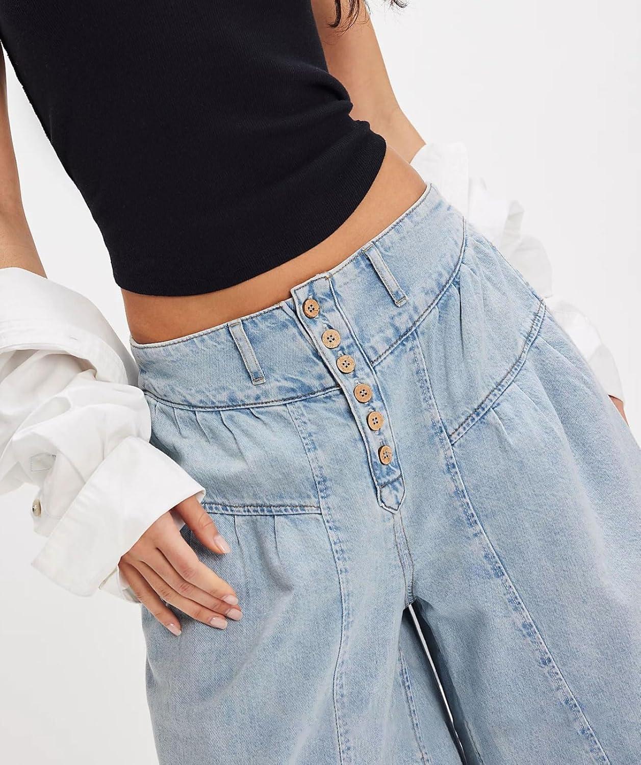 imagechouyatou Womens Boyfriend Baggy Jeans Flare Wide Leg Denim Pants Elastic Waist Button Pleated Culotte JeansLight Blue