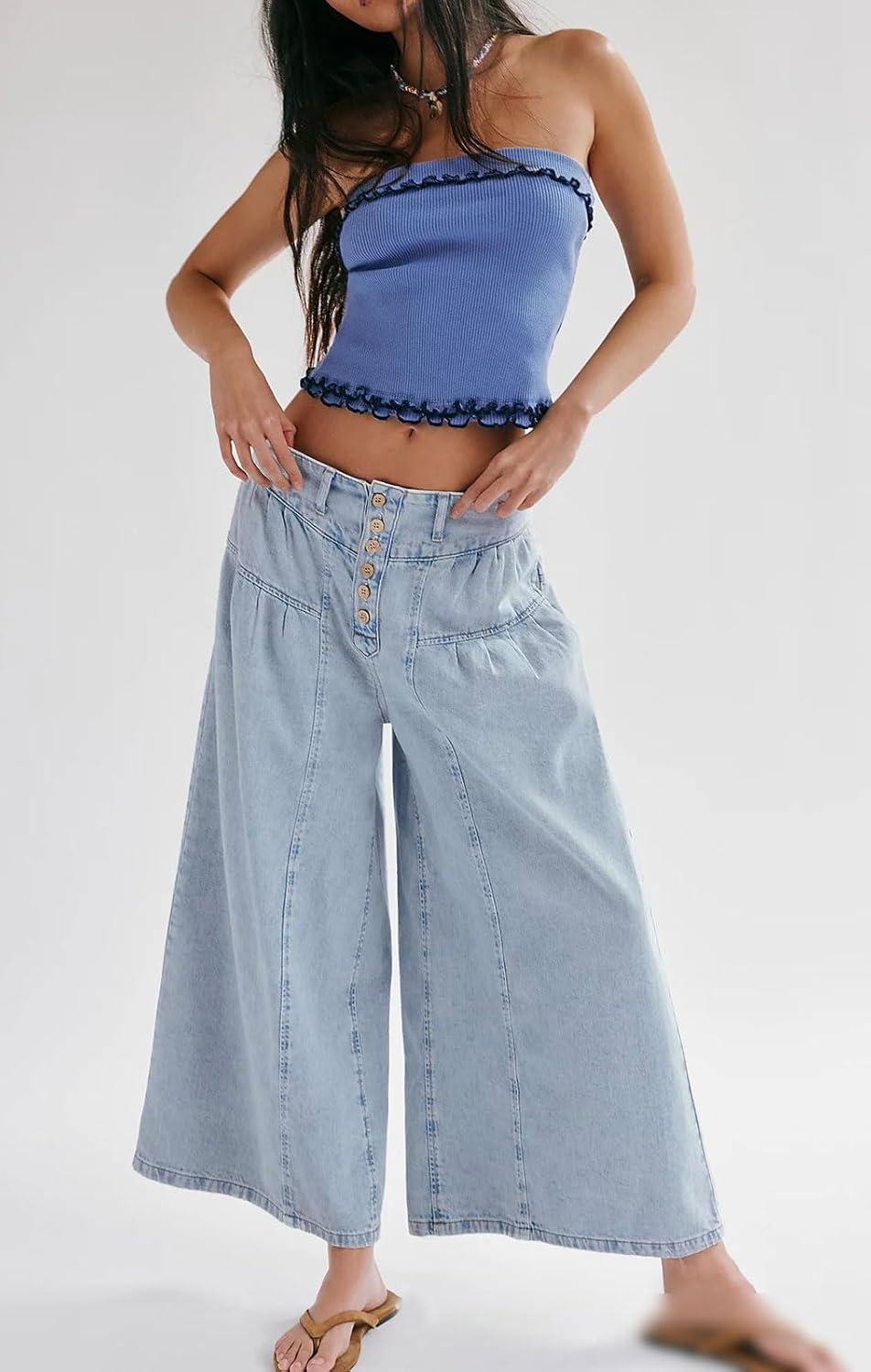 imagechouyatou Womens Boyfriend Baggy Jeans Flare Wide Leg Denim Pants Elastic Waist Button Pleated Culotte JeansLight Blue