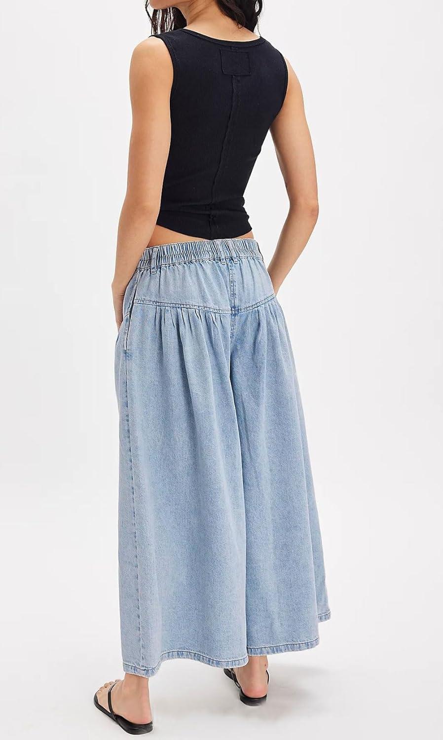 imagechouyatou Womens Boyfriend Baggy Jeans Flare Wide Leg Denim Pants Elastic Waist Button Pleated Culotte JeansLight Blue