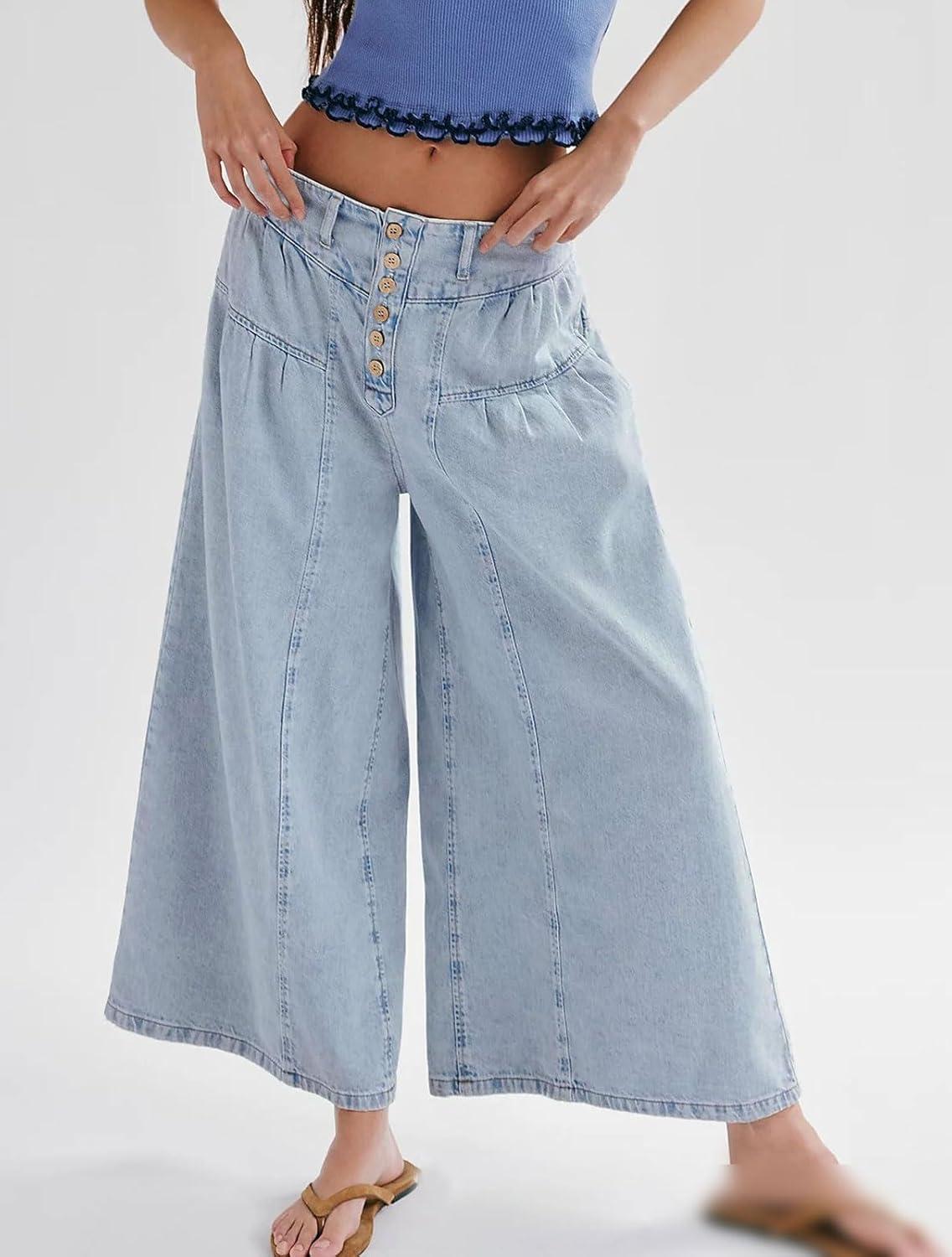 imagechouyatou Womens Boyfriend Baggy Jeans Flare Wide Leg Denim Pants Elastic Waist Button Pleated Culotte JeansLight Blue