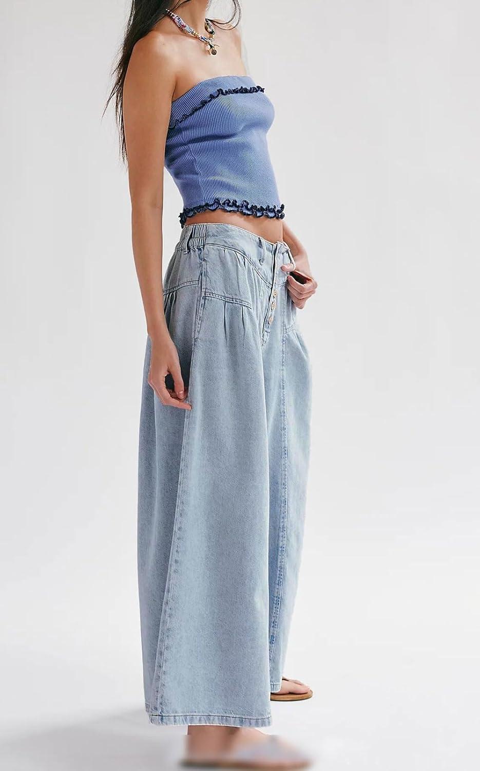 imagechouyatou Womens Boyfriend Baggy Jeans Flare Wide Leg Denim Pants Elastic Waist Button Pleated Culotte JeansLight Blue