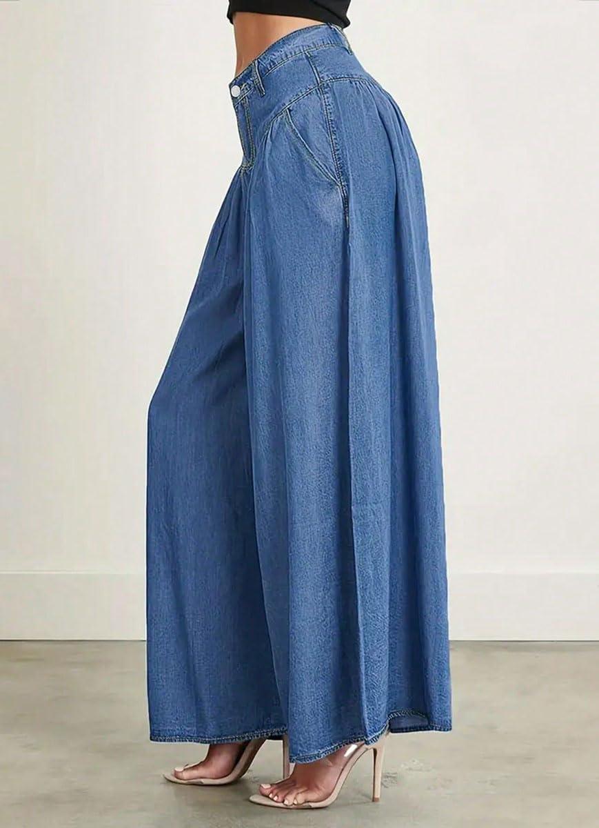 imagechouyatou Womens Boyfriend Flare Wide Leg Denim Pants Baggy High Waist Pleated Ruffle Culotte JeansBlue