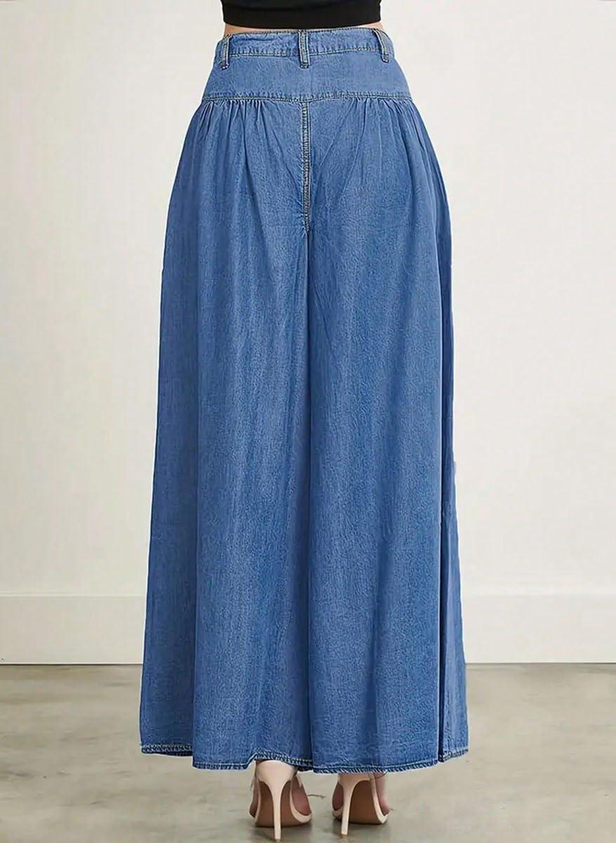imagechouyatou Womens Boyfriend Flare Wide Leg Denim Pants Baggy High Waist Pleated Ruffle Culotte JeansBlue