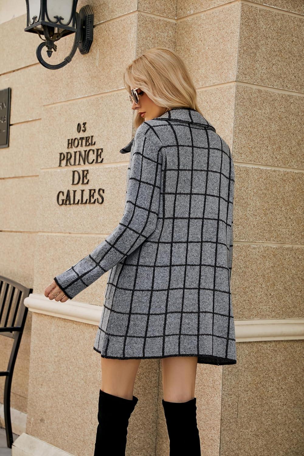 imagechouyatou Womens Business Casual Plaid Sweater Cardigan Open Front Notched Lapel Knit Blazer Jacket CoatDark Grey