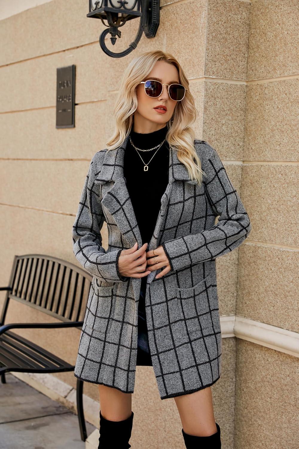 imagechouyatou Womens Business Casual Plaid Sweater Cardigan Open Front Notched Lapel Knit Blazer Jacket CoatDark Grey