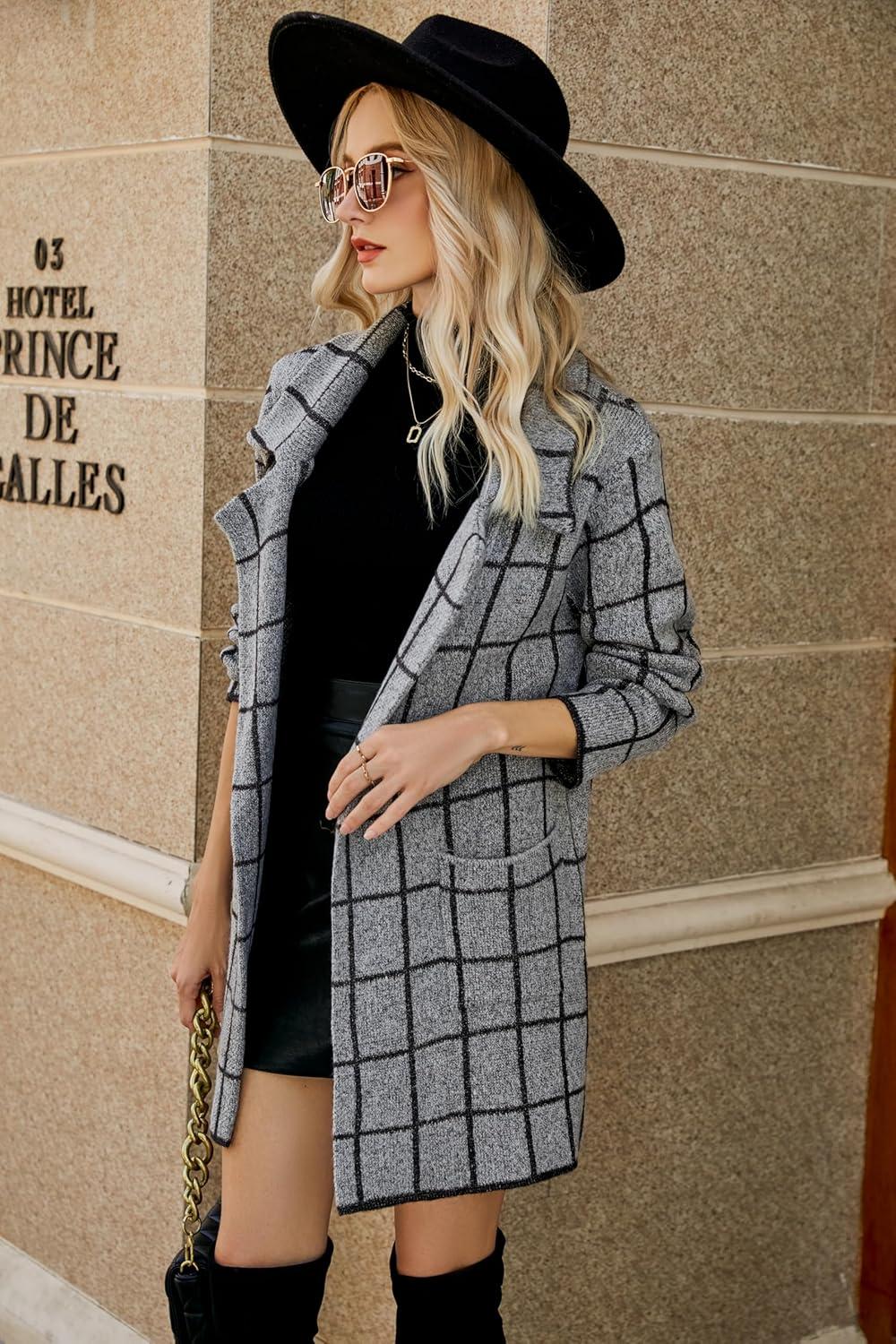 imagechouyatou Womens Business Casual Plaid Sweater Cardigan Open Front Notched Lapel Knit Blazer Jacket CoatDark Grey