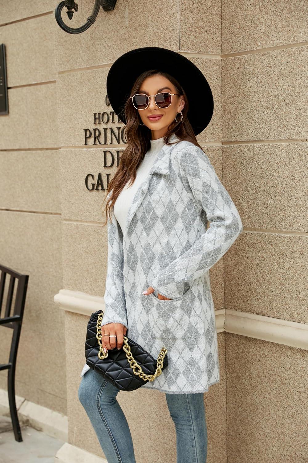 imagechouyatou Womens Business Casual Plaid Sweater Cardigan Open Front Notched Lapel Knit Blazer Jacket CoatGrey