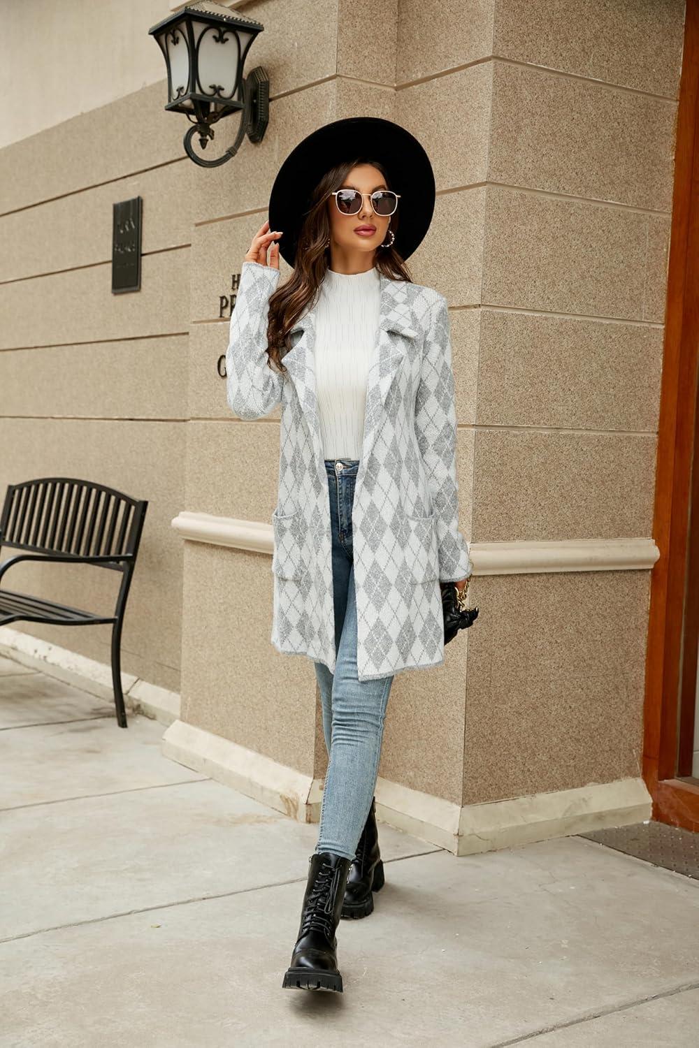 imagechouyatou Womens Business Casual Plaid Sweater Cardigan Open Front Notched Lapel Knit Blazer Jacket CoatGrey