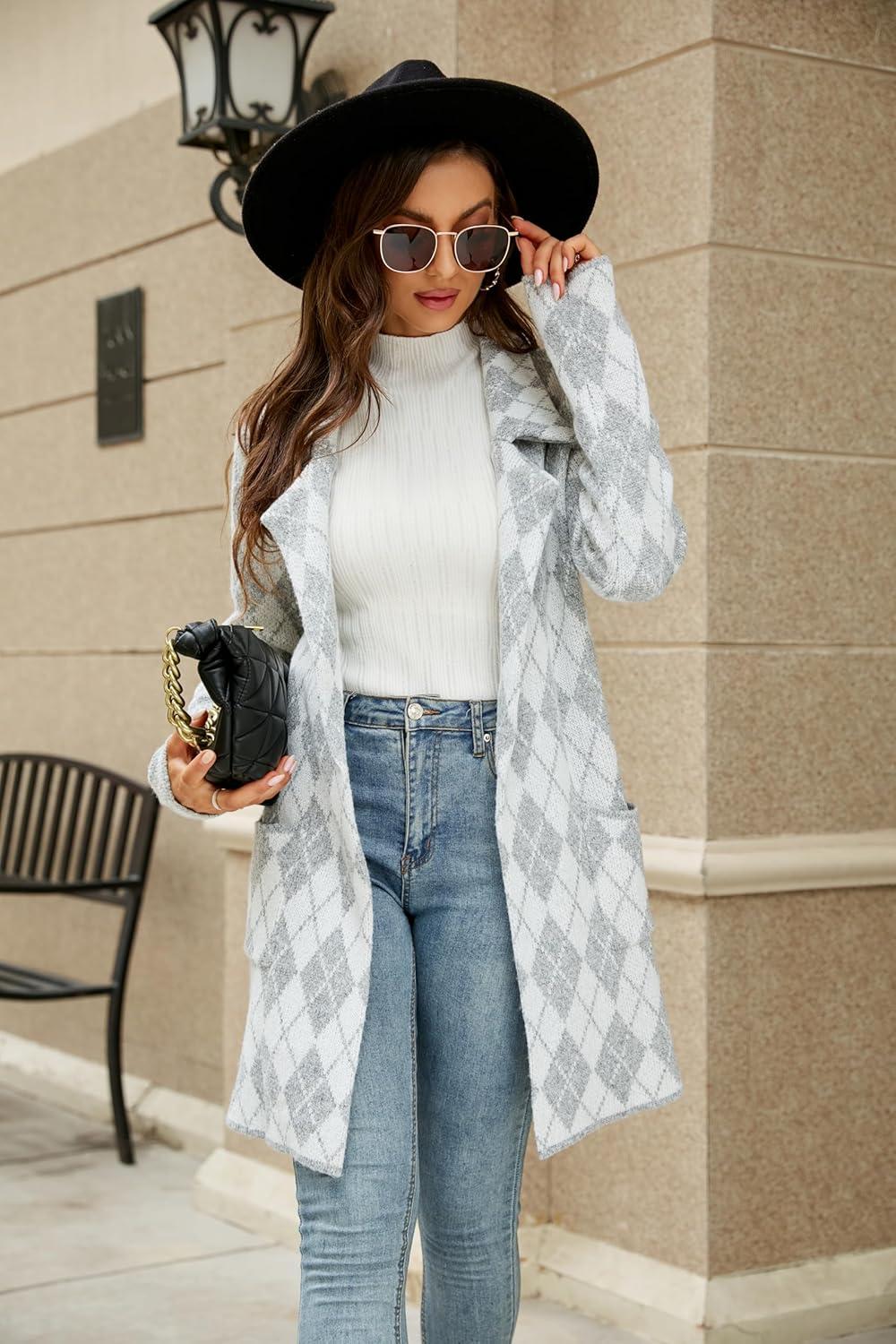imagechouyatou Womens Business Casual Plaid Sweater Cardigan Open Front Notched Lapel Knit Blazer Jacket CoatGrey