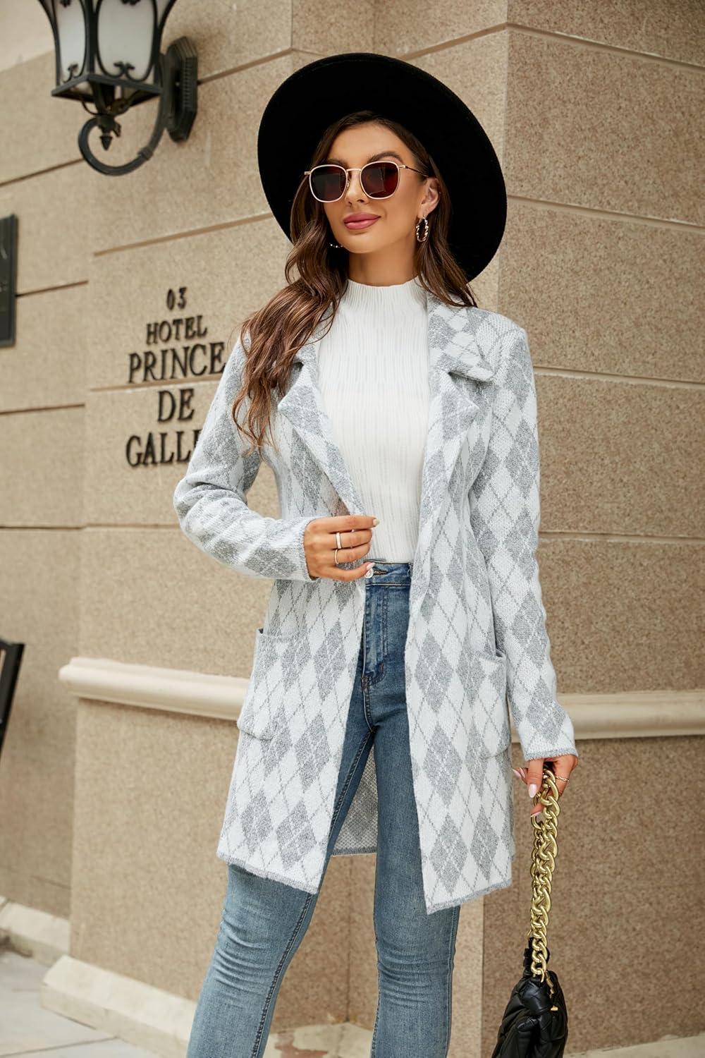 imagechouyatou Womens Business Casual Plaid Sweater Cardigan Open Front Notched Lapel Knit Blazer Jacket CoatGrey