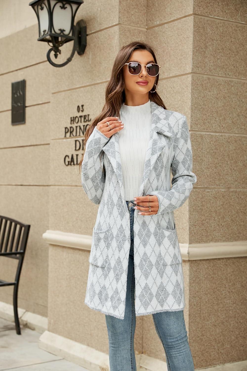 imagechouyatou Womens Business Casual Plaid Sweater Cardigan Open Front Notched Lapel Knit Blazer Jacket CoatGrey