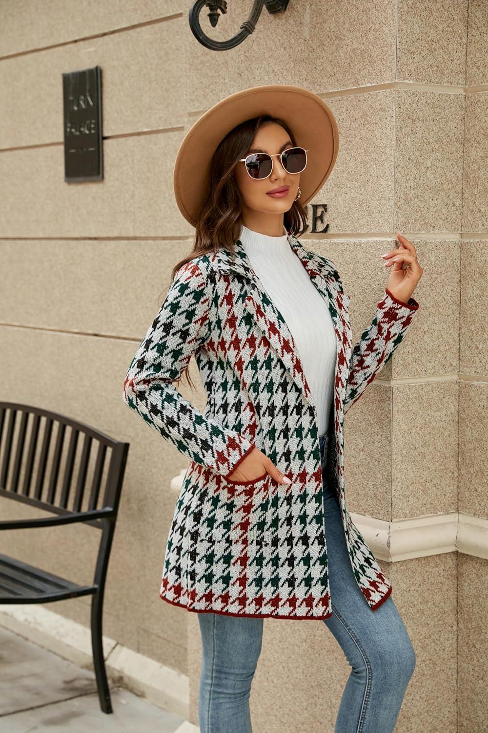 imagechouyatou Womens Business Casual Plaid Sweater Cardigan Open Front Notched Lapel Knit Blazer Jacket CoatRed Green