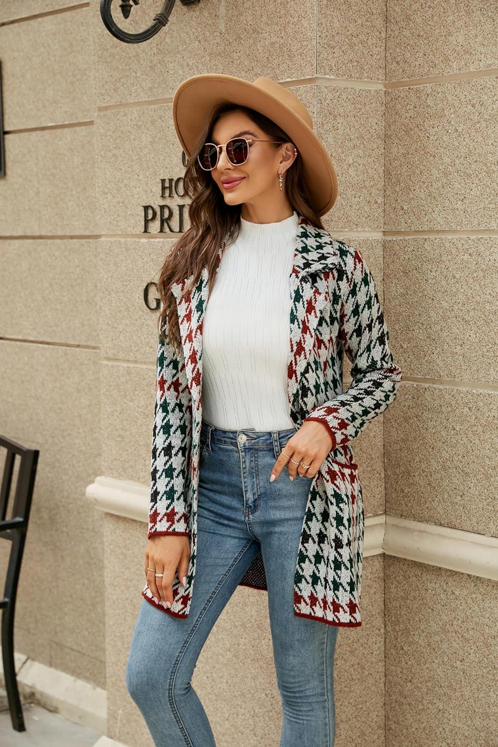 imagechouyatou Womens Business Casual Plaid Sweater Cardigan Open Front Notched Lapel Knit Blazer Jacket CoatRed Green
