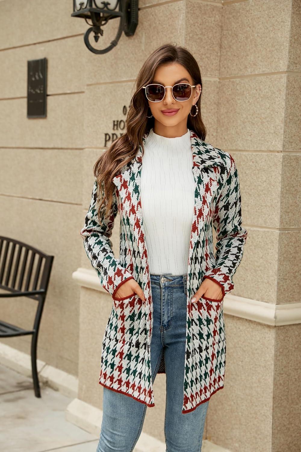 imagechouyatou Womens Business Casual Plaid Sweater Cardigan Open Front Notched Lapel Knit Blazer Jacket CoatRed Green