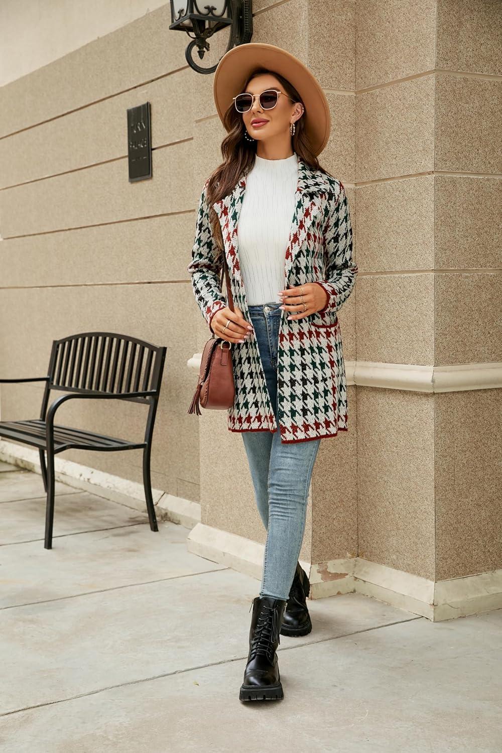 imagechouyatou Womens Business Casual Plaid Sweater Cardigan Open Front Notched Lapel Knit Blazer Jacket CoatRed Green
