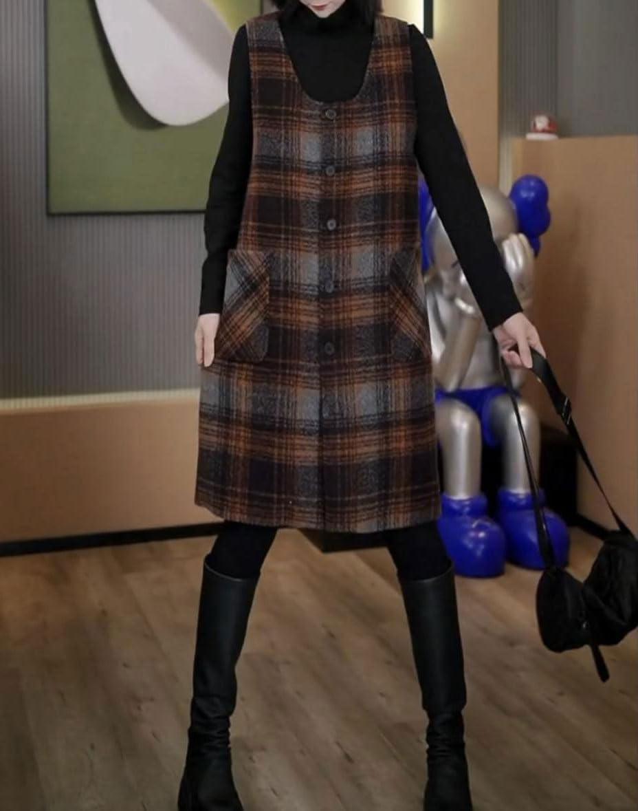 imagechouyatou Womens Button Down Wool Overall Jumper Dress Vintage Plaid Tunic Tank Short Dress with PocketsCoffee