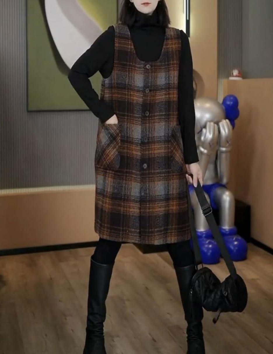 imagechouyatou Womens Button Down Wool Overall Jumper Dress Vintage Plaid Tunic Tank Short Dress with PocketsCoffee