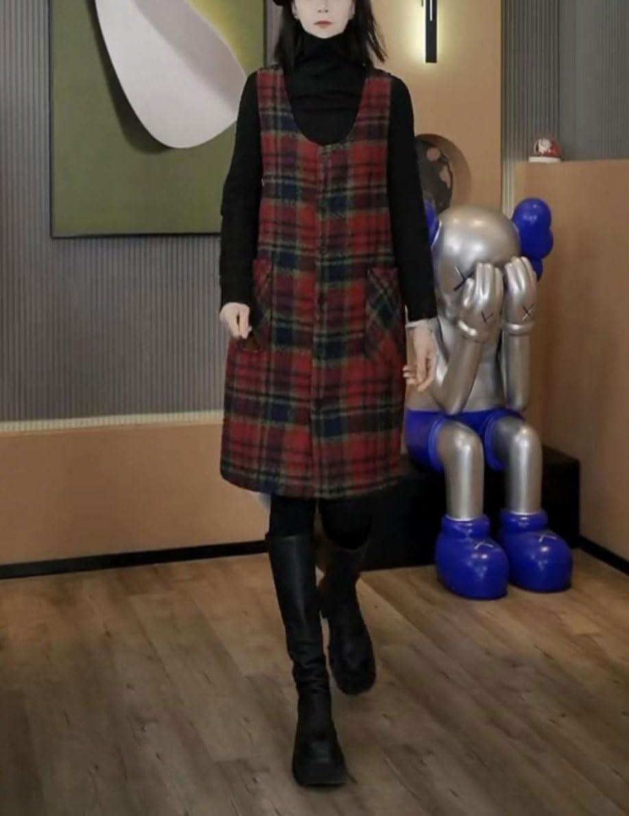 imagechouyatou Womens Button Down Wool Overall Jumper Dress Vintage Plaid Tunic Tank Short Dress with PocketsRed