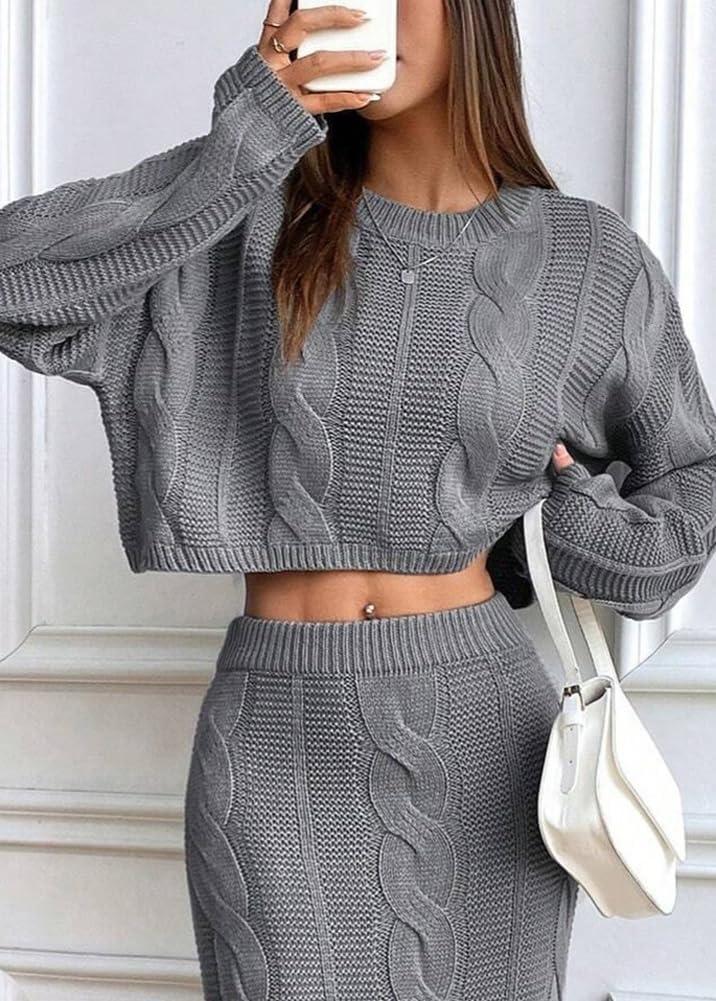 imagechouyatou Womens Cable Knitted 2 Piece Knit Sets Cropped Sweater Maxi Bodycon Skirt Two Piece Fall OutfitsGrey