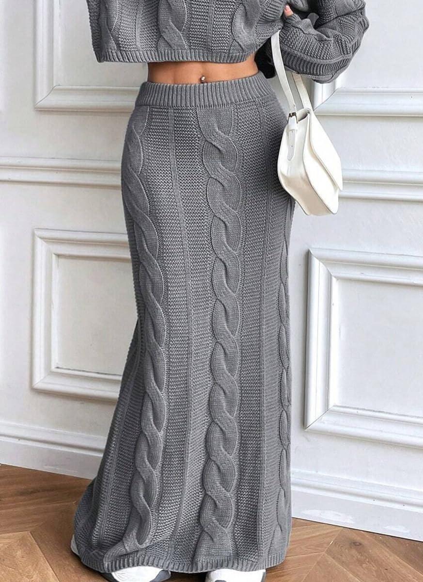 imagechouyatou Womens Cable Knitted 2 Piece Knit Sets Cropped Sweater Maxi Bodycon Skirt Two Piece Fall OutfitsGrey