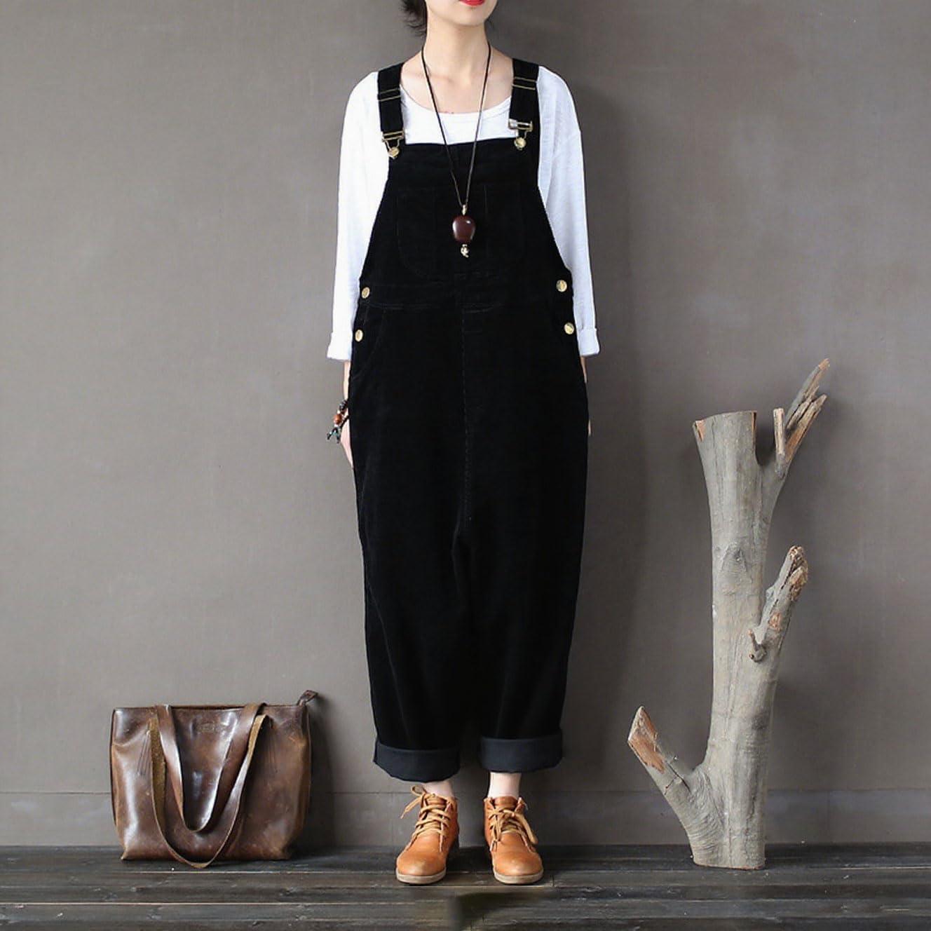 imagechouyatou Womens Cargo Corduroy Harem Overall Pants Wide Leg Adjustable Strap Bib Jumpsuit with PocketsBlack