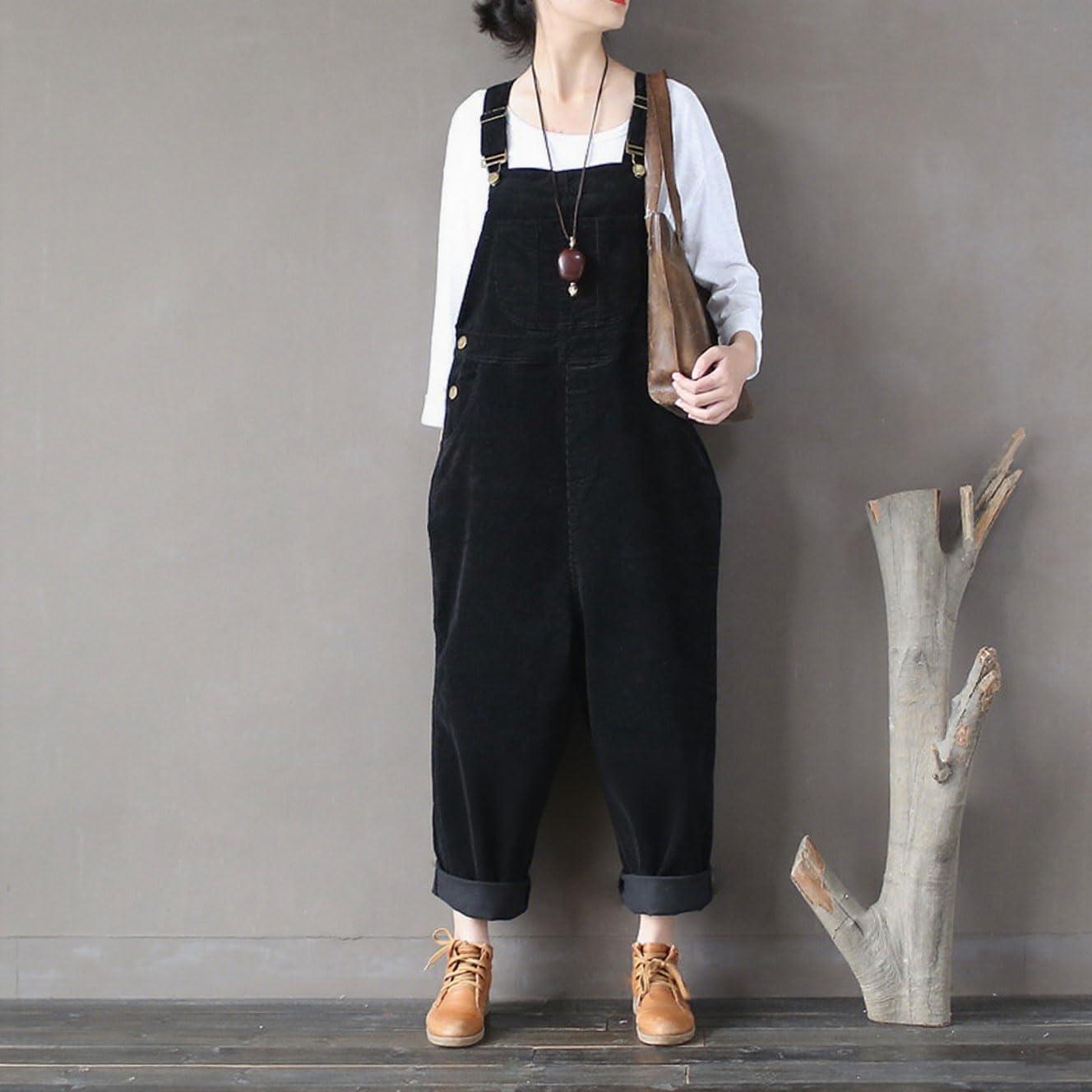 imagechouyatou Womens Cargo Corduroy Harem Overall Pants Wide Leg Adjustable Strap Bib Jumpsuit with PocketsBlack