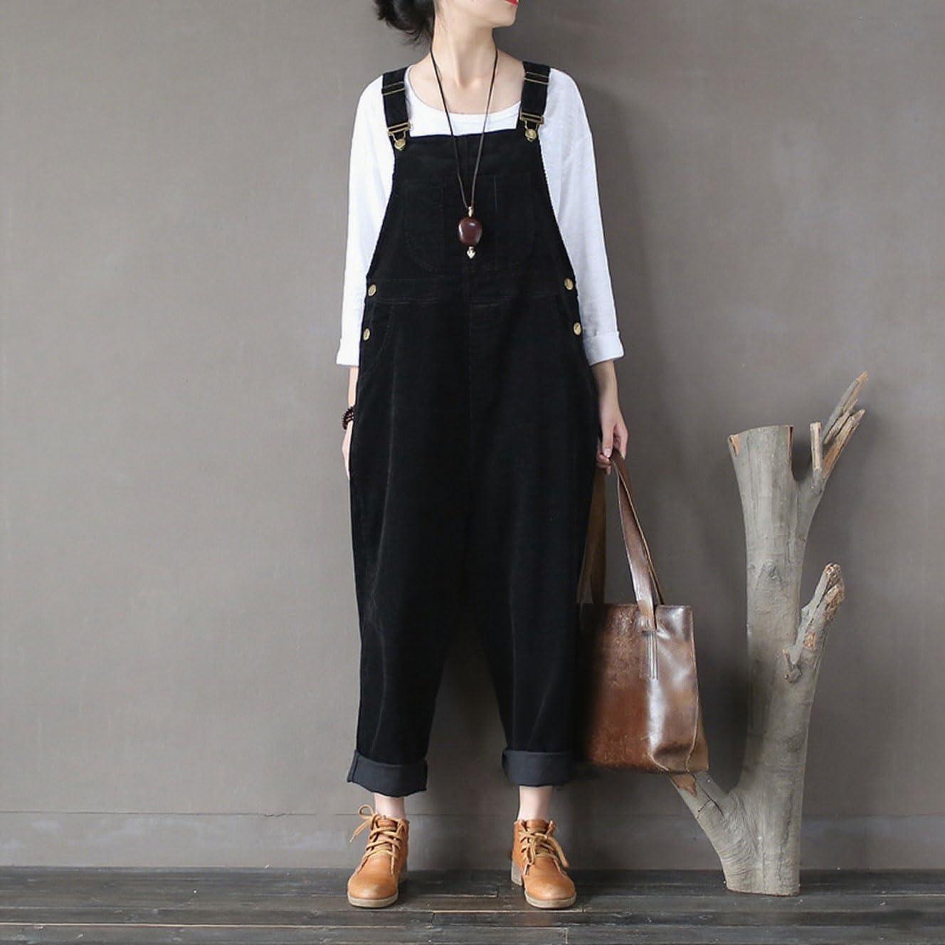 imagechouyatou Womens Cargo Corduroy Harem Overall Pants Wide Leg Adjustable Strap Bib Jumpsuit with PocketsBlack
