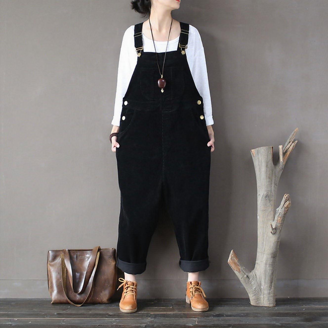 imagechouyatou Womens Cargo Corduroy Harem Overall Pants Wide Leg Adjustable Strap Bib Jumpsuit with PocketsBlack