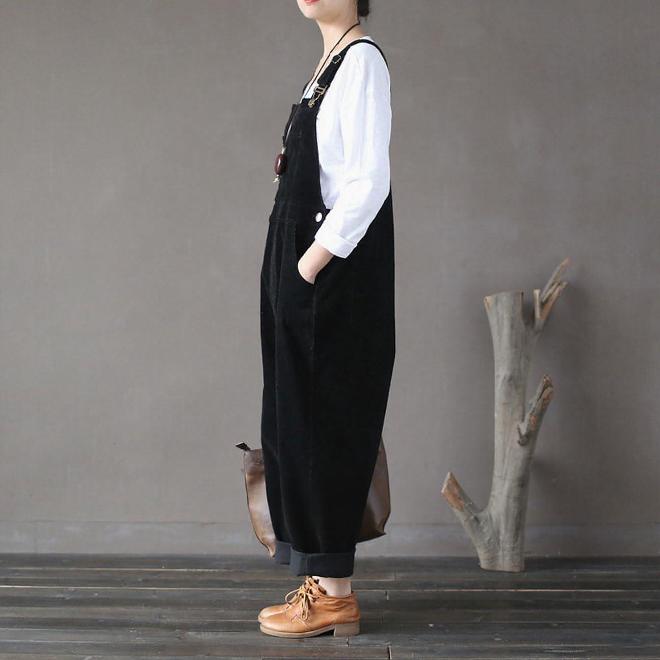 imagechouyatou Womens Cargo Corduroy Harem Overall Pants Wide Leg Adjustable Strap Bib Jumpsuit with PocketsBlack