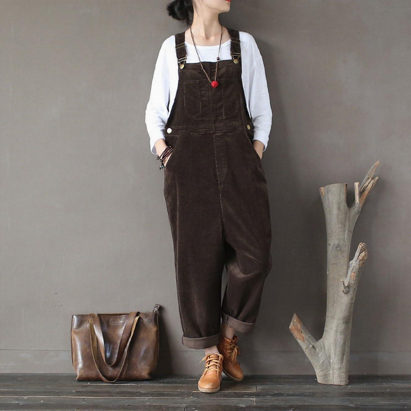 imagechouyatou Womens Cargo Corduroy Harem Overall Pants Wide Leg Adjustable Strap Bib Jumpsuit with PocketsBrown
