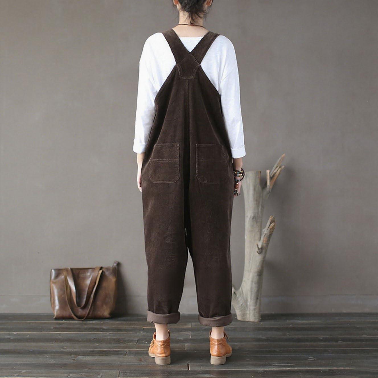 imagechouyatou Womens Cargo Corduroy Harem Overall Pants Wide Leg Adjustable Strap Bib Jumpsuit with PocketsBrown