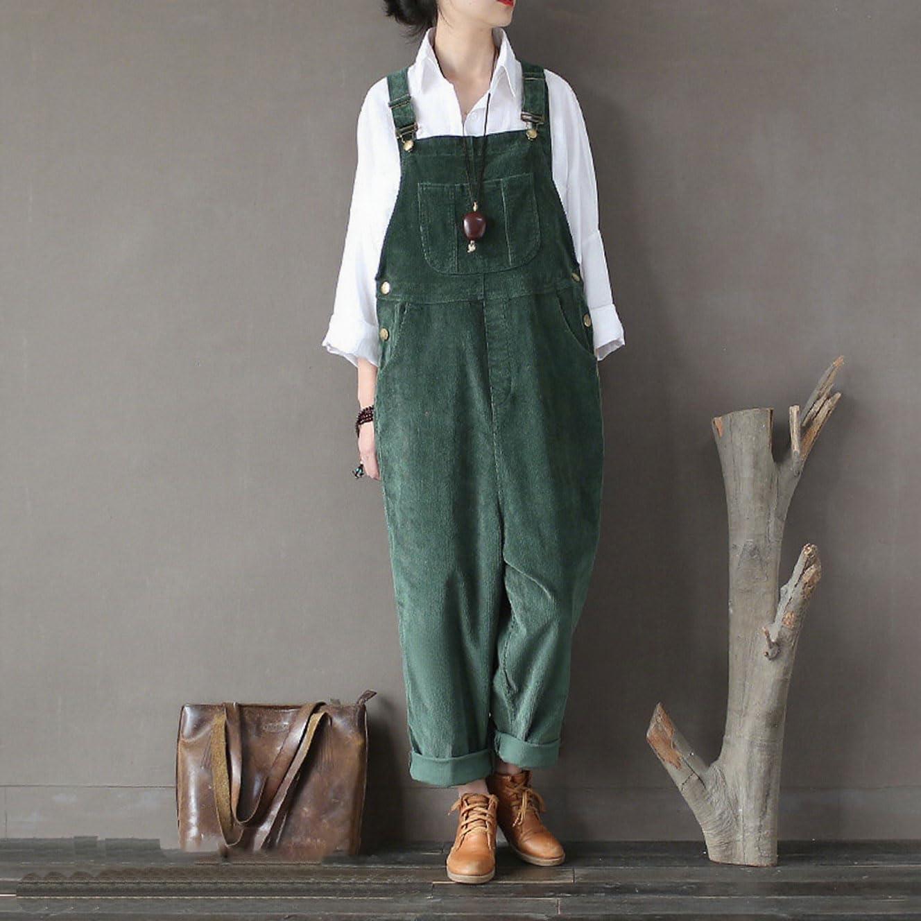imagechouyatou Womens Cargo Corduroy Harem Overall Pants Wide Leg Adjustable Strap Bib Jumpsuit with PocketsGreen