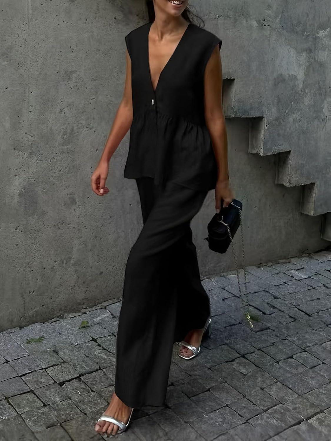 imagechouyatou Womens Casual 2 Piece Outfits Peplum Ruffle Tank Top Wide Leg Long Palazzo Pants Matching SetBlack