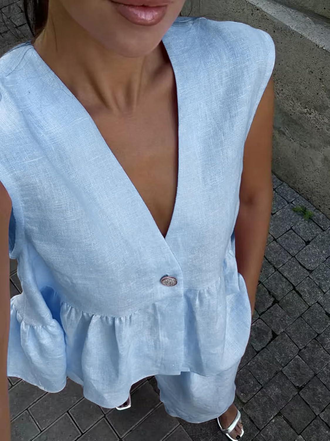 imagechouyatou Womens Casual 2 Piece Outfits Peplum Ruffle Tank Top Wide Leg Long Palazzo Pants Matching SetLight Blue
