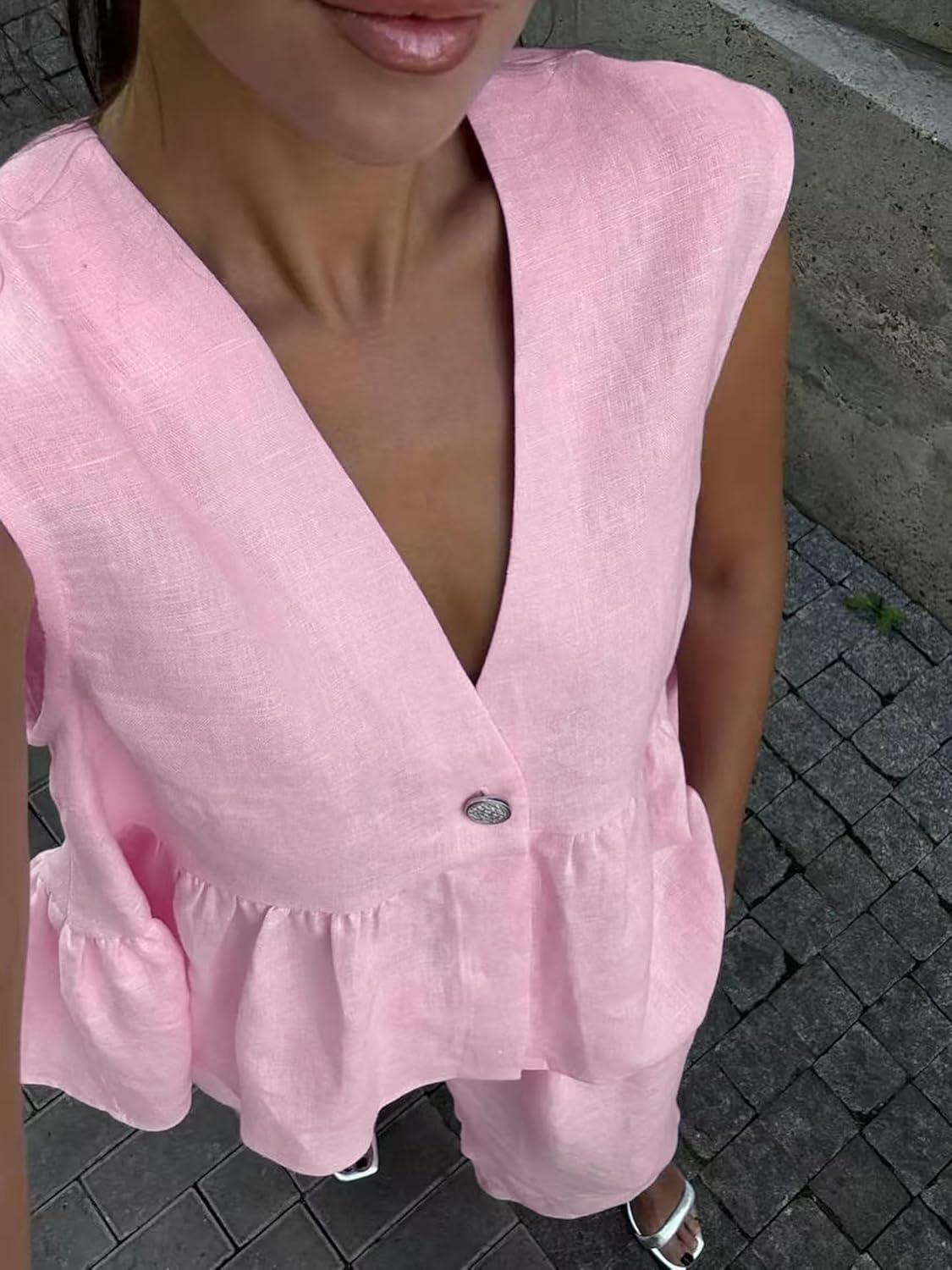 imagechouyatou Womens Casual 2 Piece Outfits Peplum Ruffle Tank Top Wide Leg Long Palazzo Pants Matching SetPink