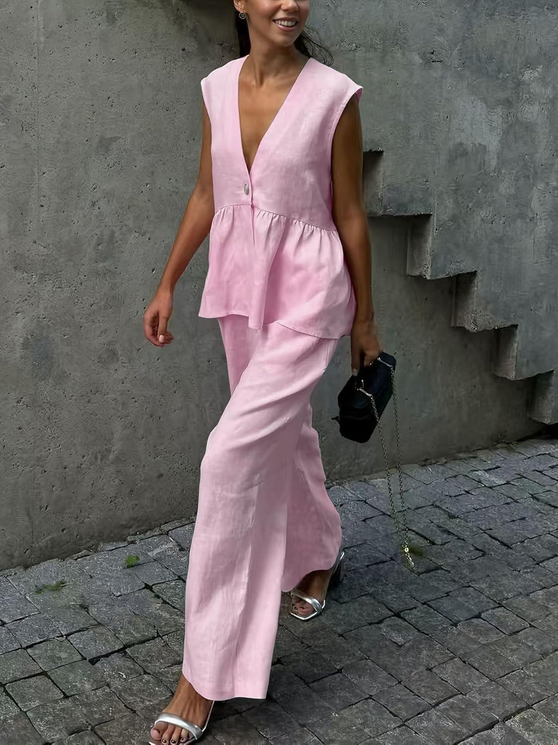 imagechouyatou Womens Casual 2 Piece Outfits Peplum Ruffle Tank Top Wide Leg Long Palazzo Pants Matching SetPink