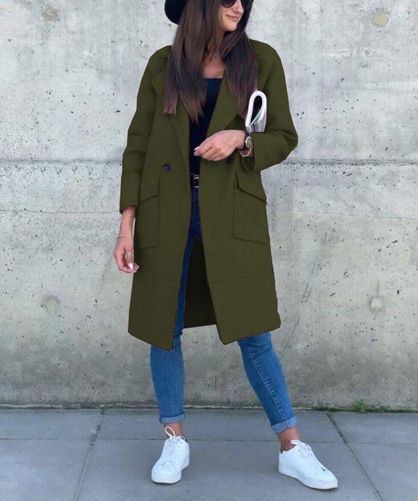 imagechouyatou Womens Casual Double Breasted Long Wool Coat Notched Lapel Office Work Wool Blend Trench Pea CoatArmy Green