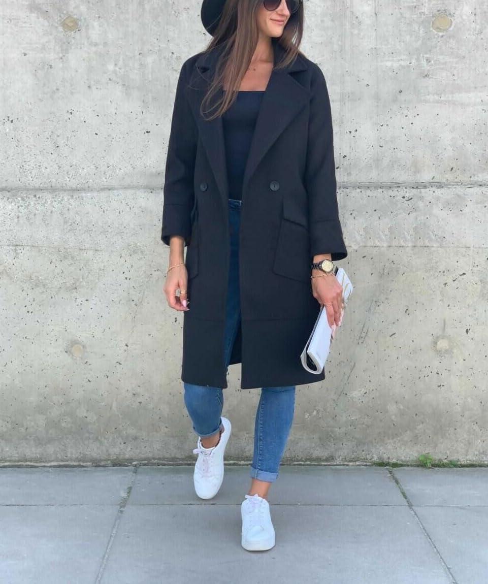 imagechouyatou Womens Casual Double Breasted Long Wool Coat Notched Lapel Office Work Wool Blend Trench Pea CoatBlack