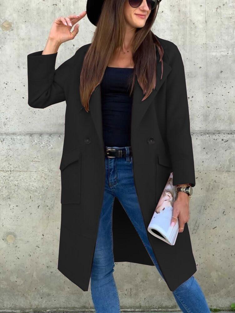 imagechouyatou Womens Casual Double Breasted Long Wool Coat Notched Lapel Office Work Wool Blend Trench Pea CoatBlack