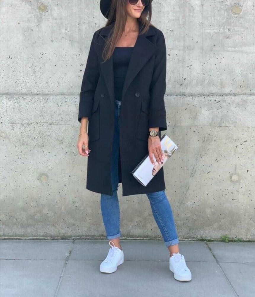 imagechouyatou Womens Casual Double Breasted Long Wool Coat Notched Lapel Office Work Wool Blend Trench Pea CoatBlack