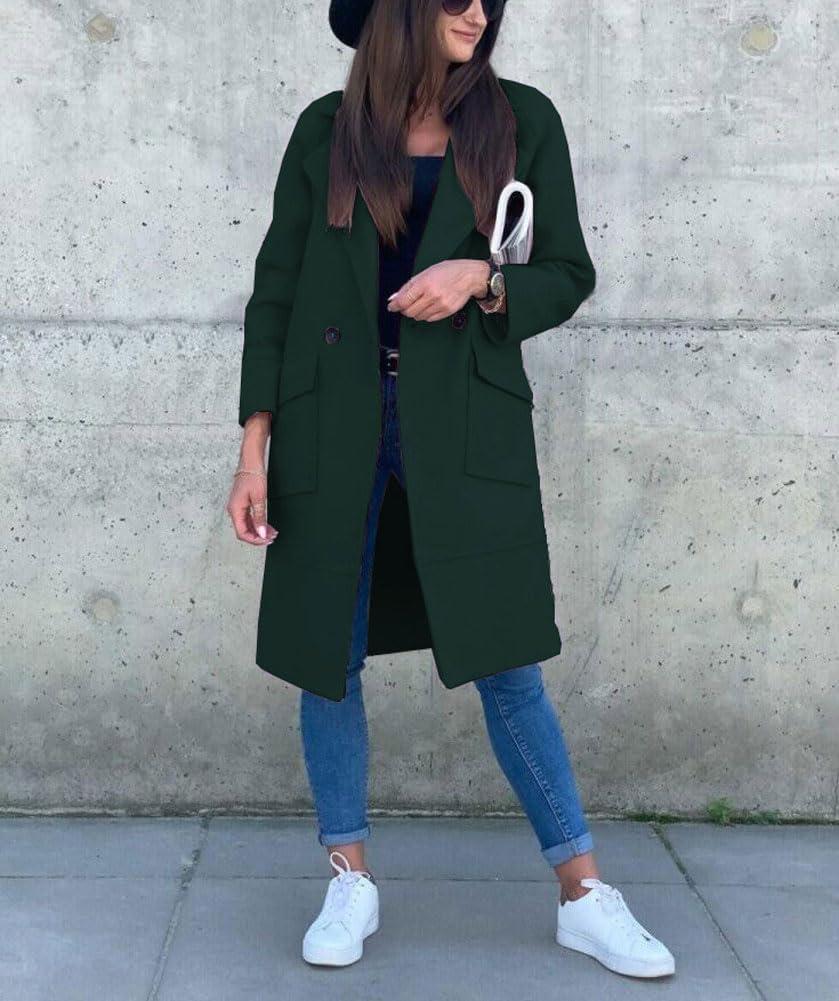 imagechouyatou Womens Casual Double Breasted Long Wool Coat Notched Lapel Office Work Wool Blend Trench Pea CoatDark Green