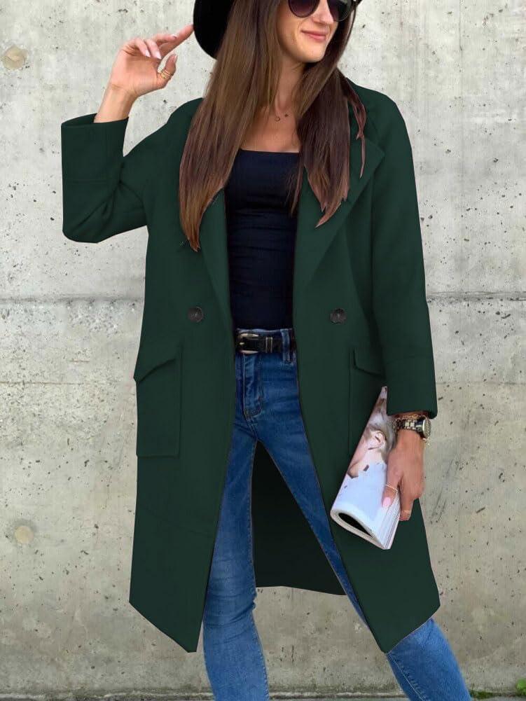 imagechouyatou Womens Casual Double Breasted Long Wool Coat Notched Lapel Office Work Wool Blend Trench Pea CoatDark Green
