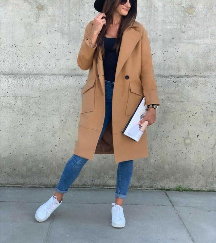 imagechouyatou Womens Casual Double Breasted Long Wool Coat Notched Lapel Office Work Wool Blend Trench Pea CoatKhaki